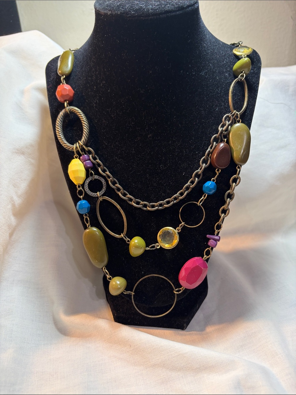 Colorful Multi-Strand Statement Necklace - Pink & Olive and matching earrings